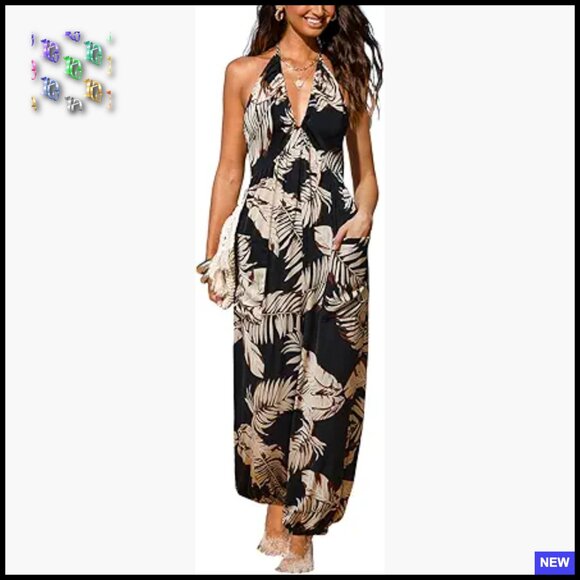 Plunge Halter Jogger Maxi Jumpsuit Pleated Sleeveless Tropical Print Pockets